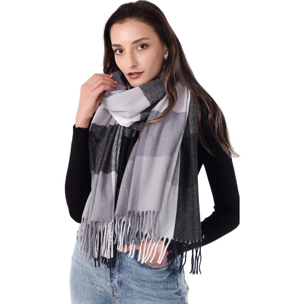 Women Black White Grey Winter Warm Shawl Wraps Tartan Blanket Oversized Scarves